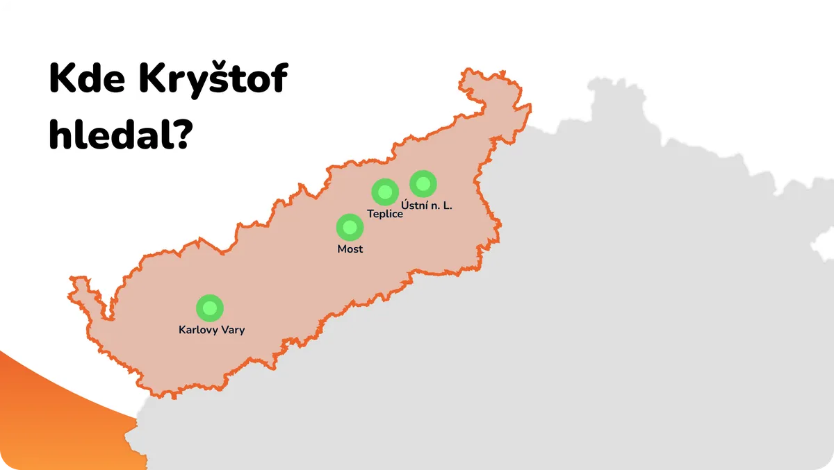 Mapa oblastí, kde Kryštof hledal — Teplice, Most, Ústí nad Labem, Karlovy Vary